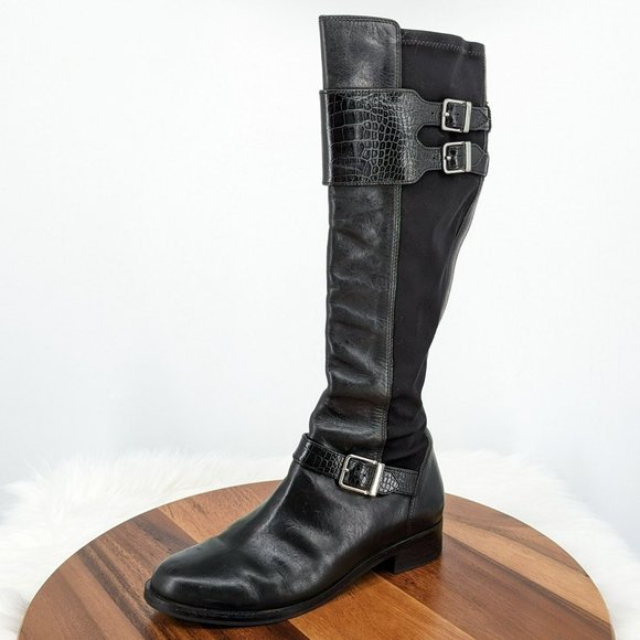 Cole Haan Tennley Knee High Boots 7.5 B Black Leather Stretch Buckles Pull On - Picture 1 of 13